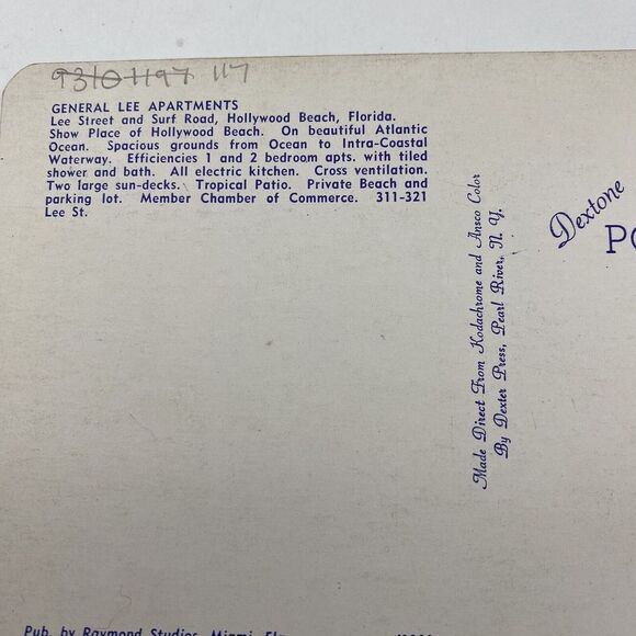 Vintage Hollywood Beach FL Postcard‎ General Lee Apartments Oceanfront, Unposted - Picture 5 of 5